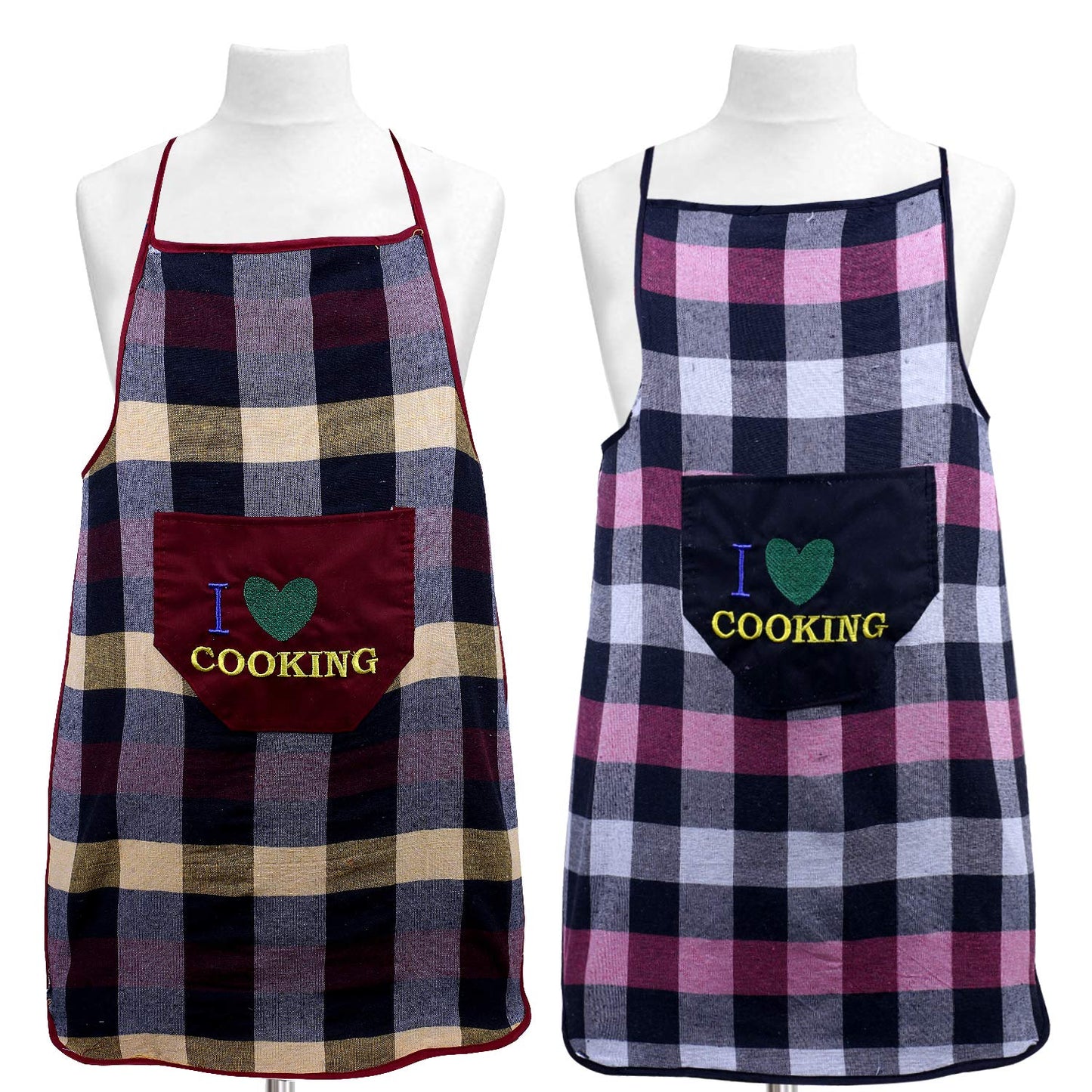 Pack of 2: Cotton Checkered Kitchen Aprons - Waterproof, Front Pocket | Standard Size | Maroon & Black