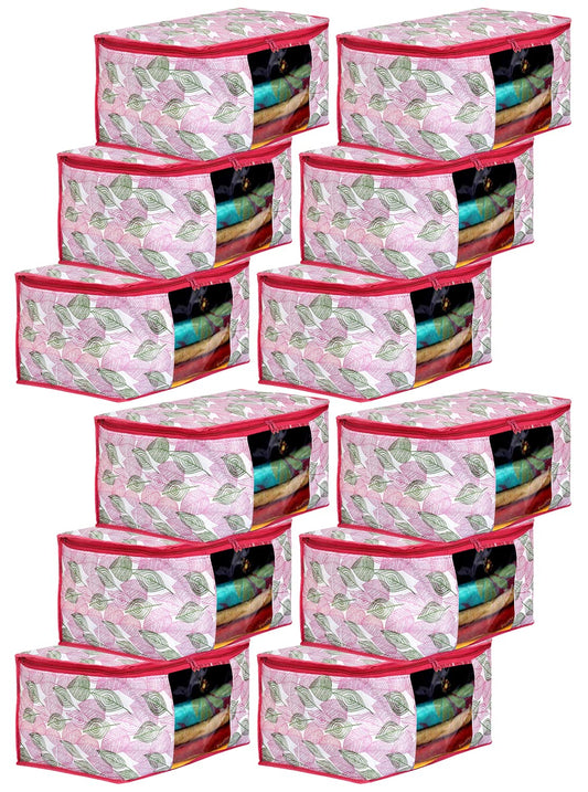 Heart Home Leaf Design Non-woven Foldable Saree Cover/Clothes Storage Bag/Wardrobe Organizer With Transparent Window- Pack of 12 (Pink)-44HH0367