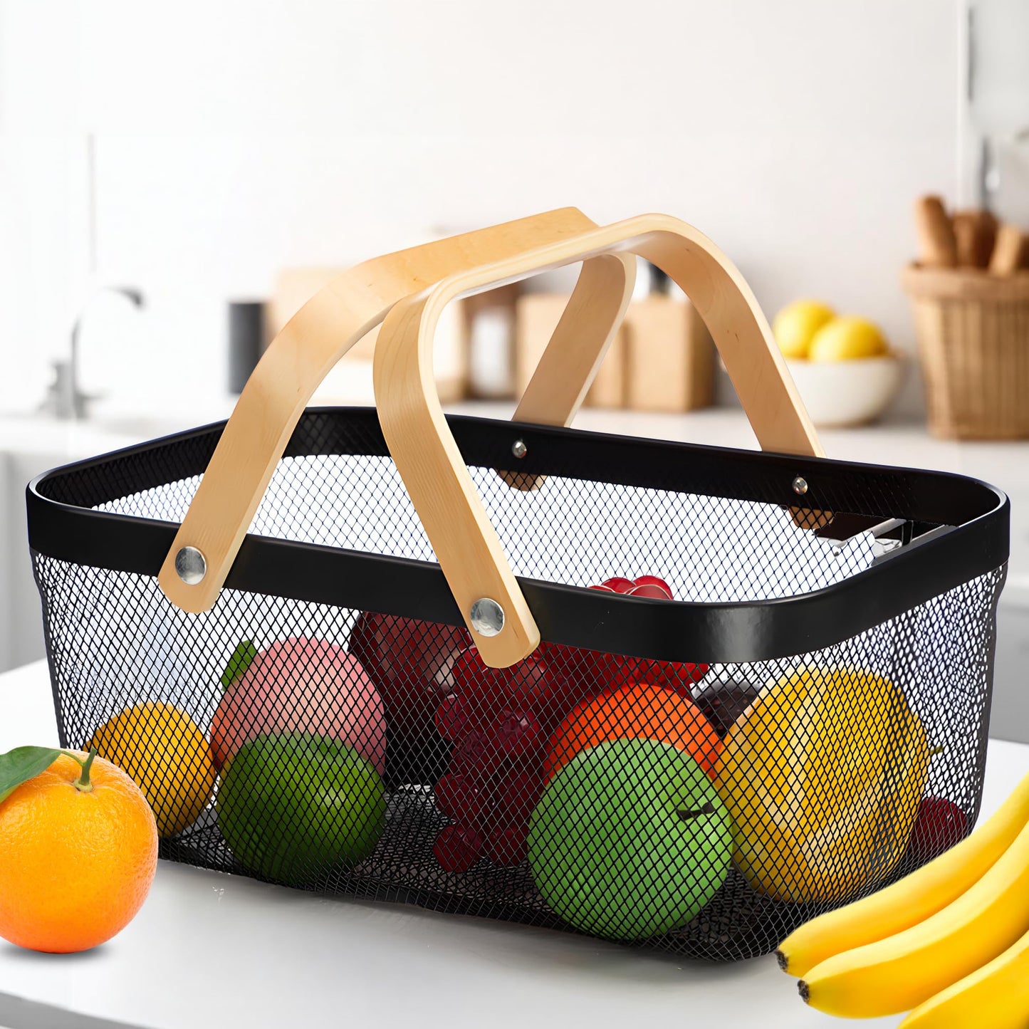 Rectangular Metal Mesh Basket with Wooden Handle | 720 gm | Fruit & Vegetable Storage | Black