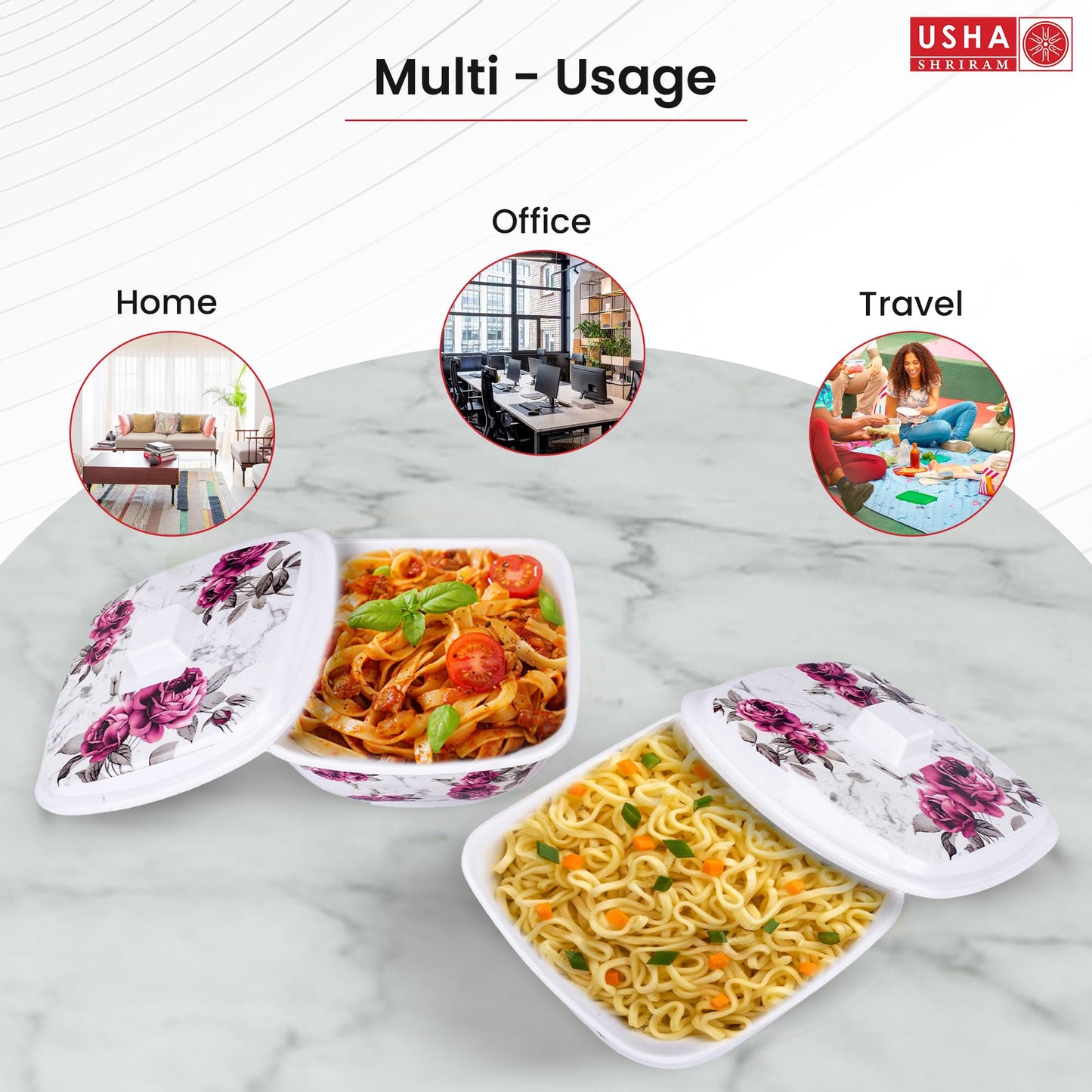 USHA SHRIRAM Melamine Big Serving Bowl with Lid (4 Pcs - 1.4L each) | Rice Bowl for Serving | Unbreakable | Heat Resistant | Mixing Bowl with Lid | Light Weight | BPA Free (Pink Marble Flower)