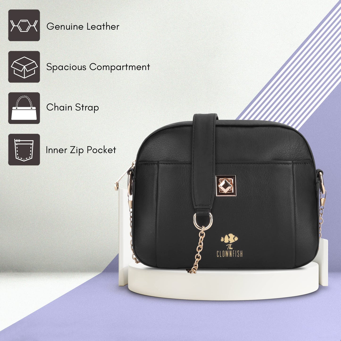 Genuine Leather Sling Bag for Women - Crossbody with Chain Strap | Single Shoulder | Black | Stylish