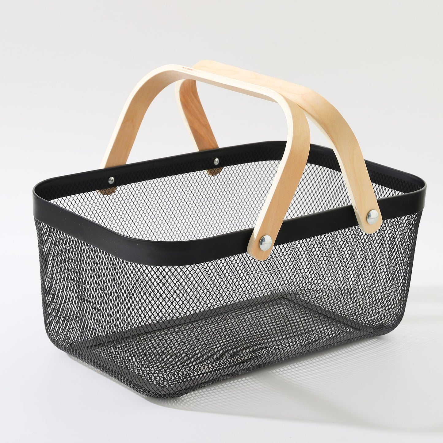 Rectangular Metal Mesh Basket with Wooden Handle | 720 gm | Fruit & Vegetable Storage | Black