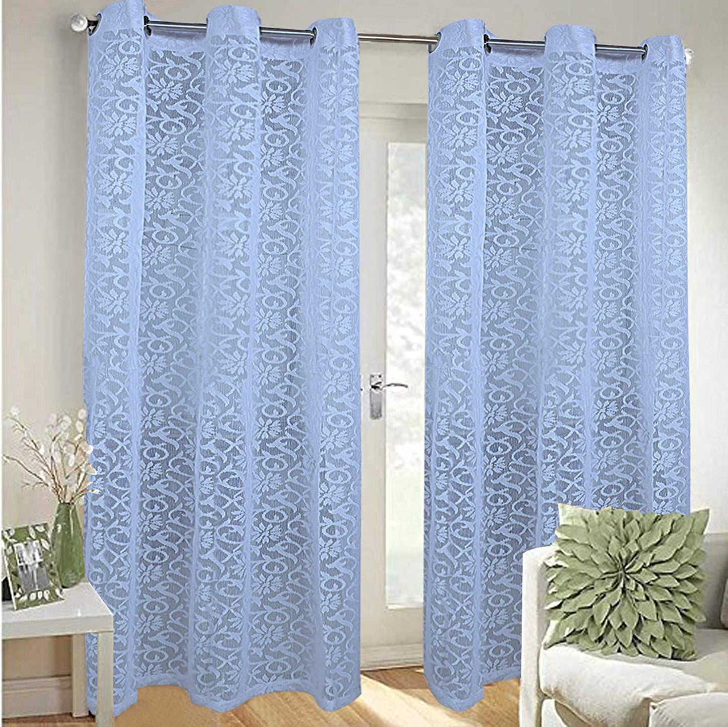 Pack of 4: Sheer Door Curtains - Floral Design, Light-Filtering | Grommet Style | Sky Blue | 7 Feet