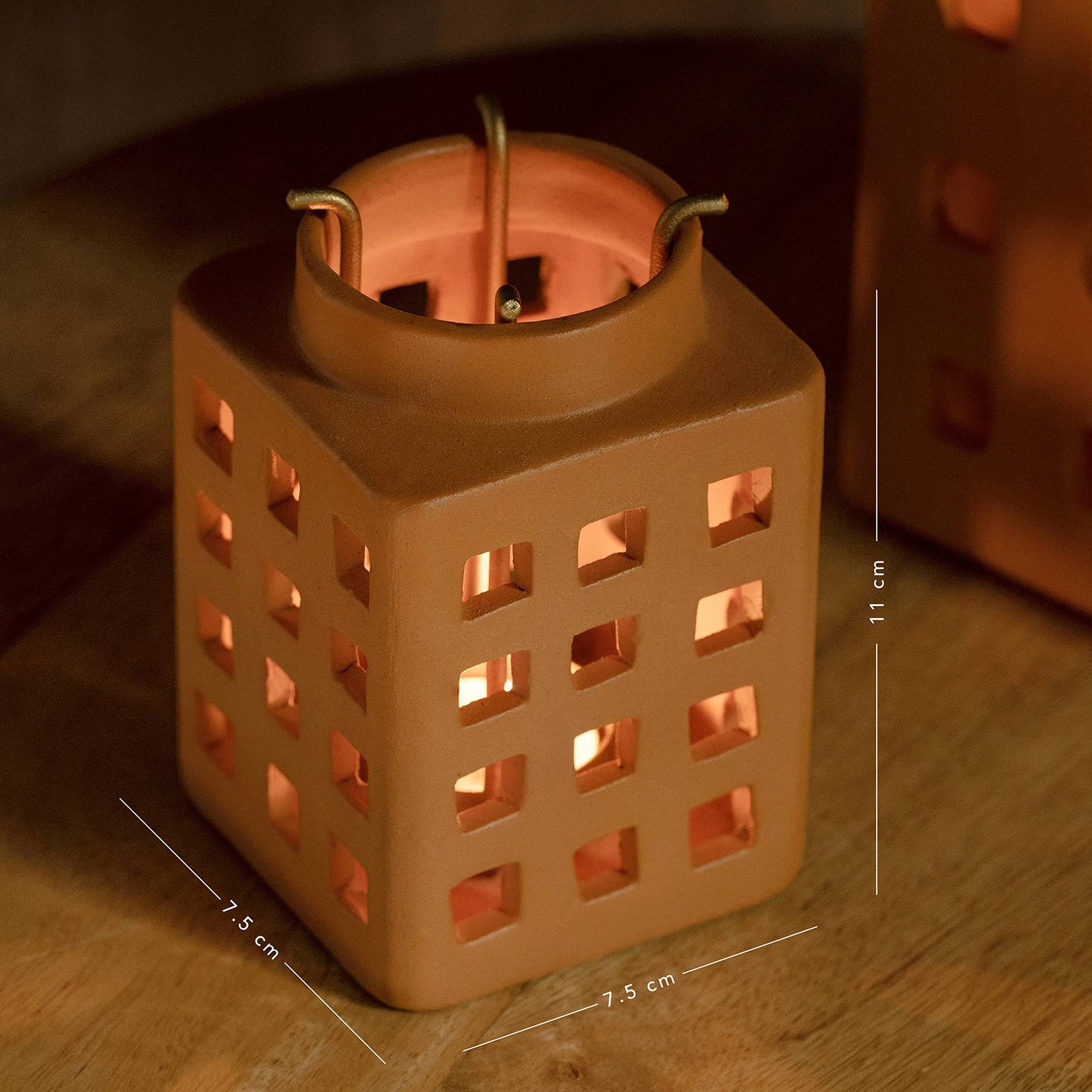 Ellementry Lupa Square Terracotta Lantern (Small) Set of 2 | Candle Tealight Holder for Balcony and Garden | Hanging Lamps for Home Decoration | Lalten for Vintage Christmas Decor and Corporate Gifts