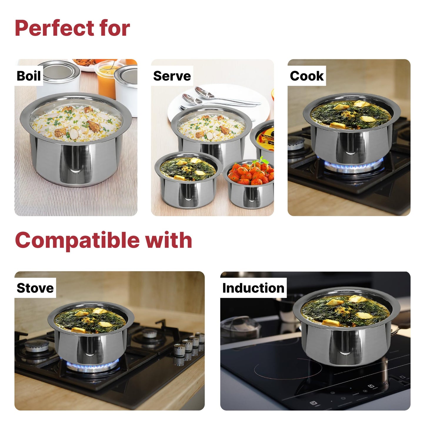 5 Pcs: Stainless Steel Tope Set Without Lid | Gas & Induction Cookware | 800ml to 2.4L | Silver