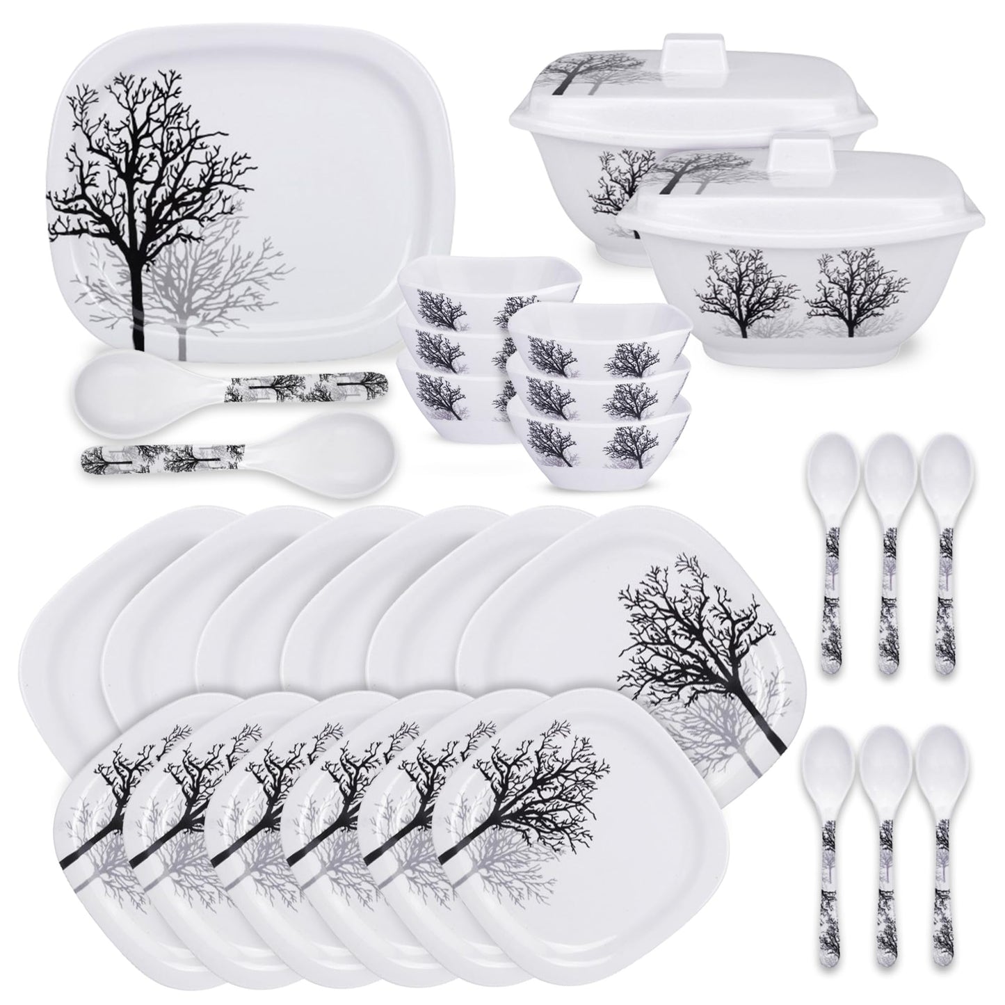 USHA SHRIRAM Melamine Dinner Set (31 Pcs) | Kitchen Set for Home | Unbreakable Plates and Bowls Set | Dinner Ware Set | Dinner Ware Set | Fiber Dinner Set | Gift for Marriage (Black Tree)