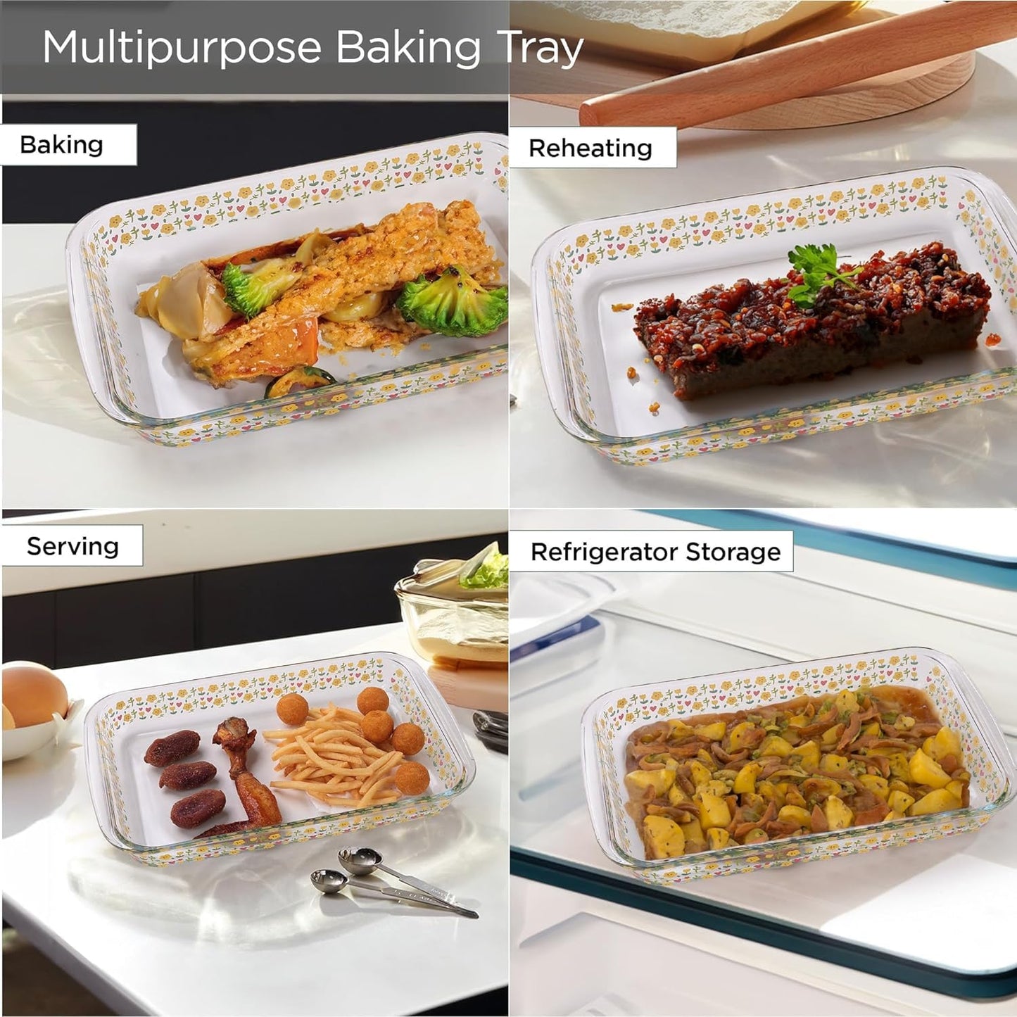 Kuber Industries 1000 ml Borosilicate Printed Glass Baking Tray | Transparent Microwave Oven Safe Utensils | Rectangular Bread Moulds for Baking | Dishwasher Safe | Multipurpose use Serving Tray