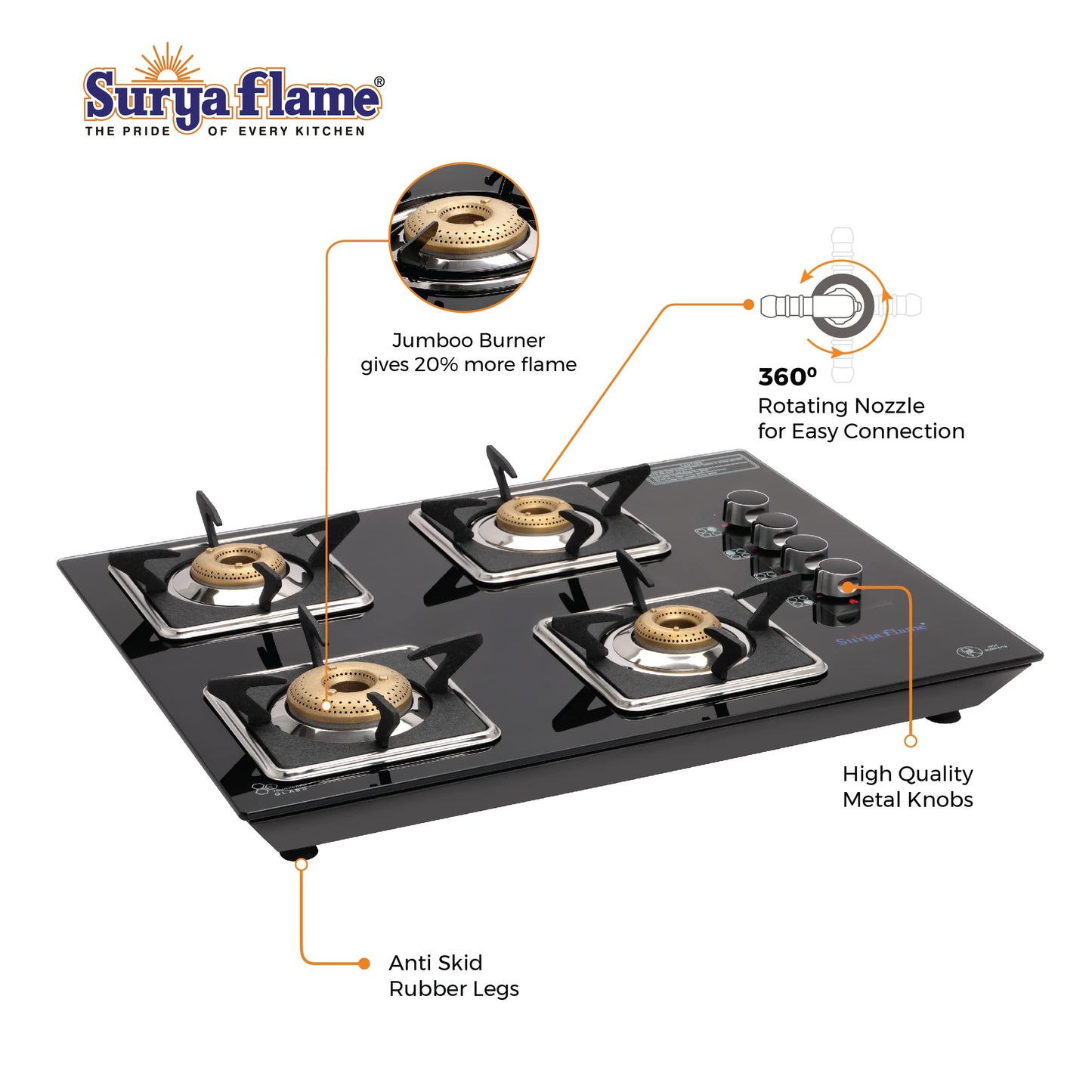 Surya Flame Apollo LPG Gas Stove - Square 4B, Stainless Steel | 10.5kg | Black | Gas Powered