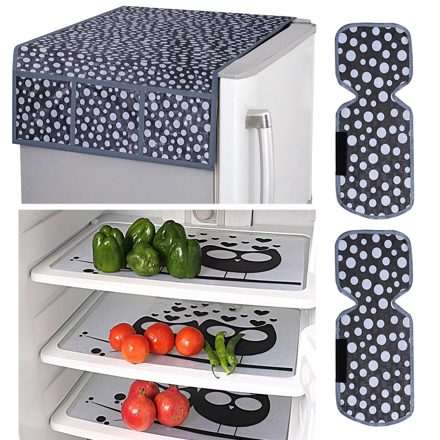 Kuber Industries PVC Dots Design Combo of 3 Pieces Fridge Mats, 2 Piece Handle Cover and 1 Pc Fridge Top Cover- Grey (CTKTC024463)