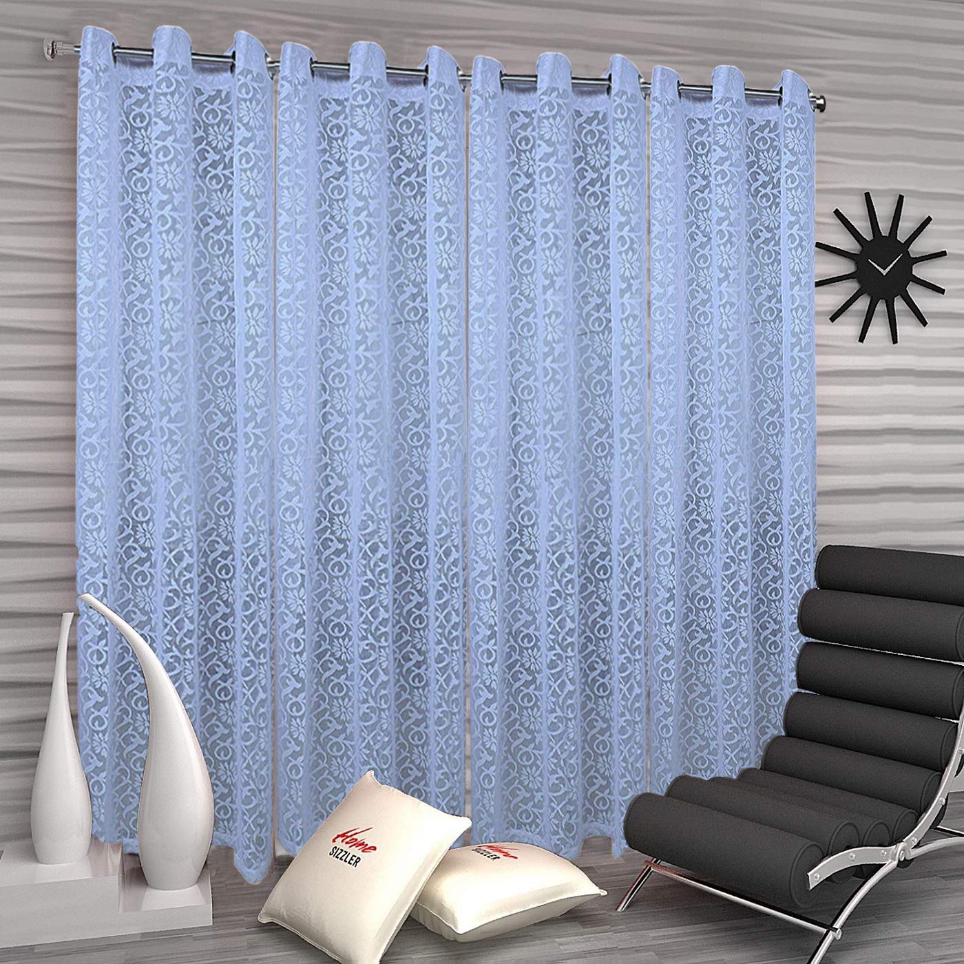 Pack of 4: Sheer Door Curtains - Floral Design, Light-Filtering | Grommet Style | Sky Blue | 7 Feet