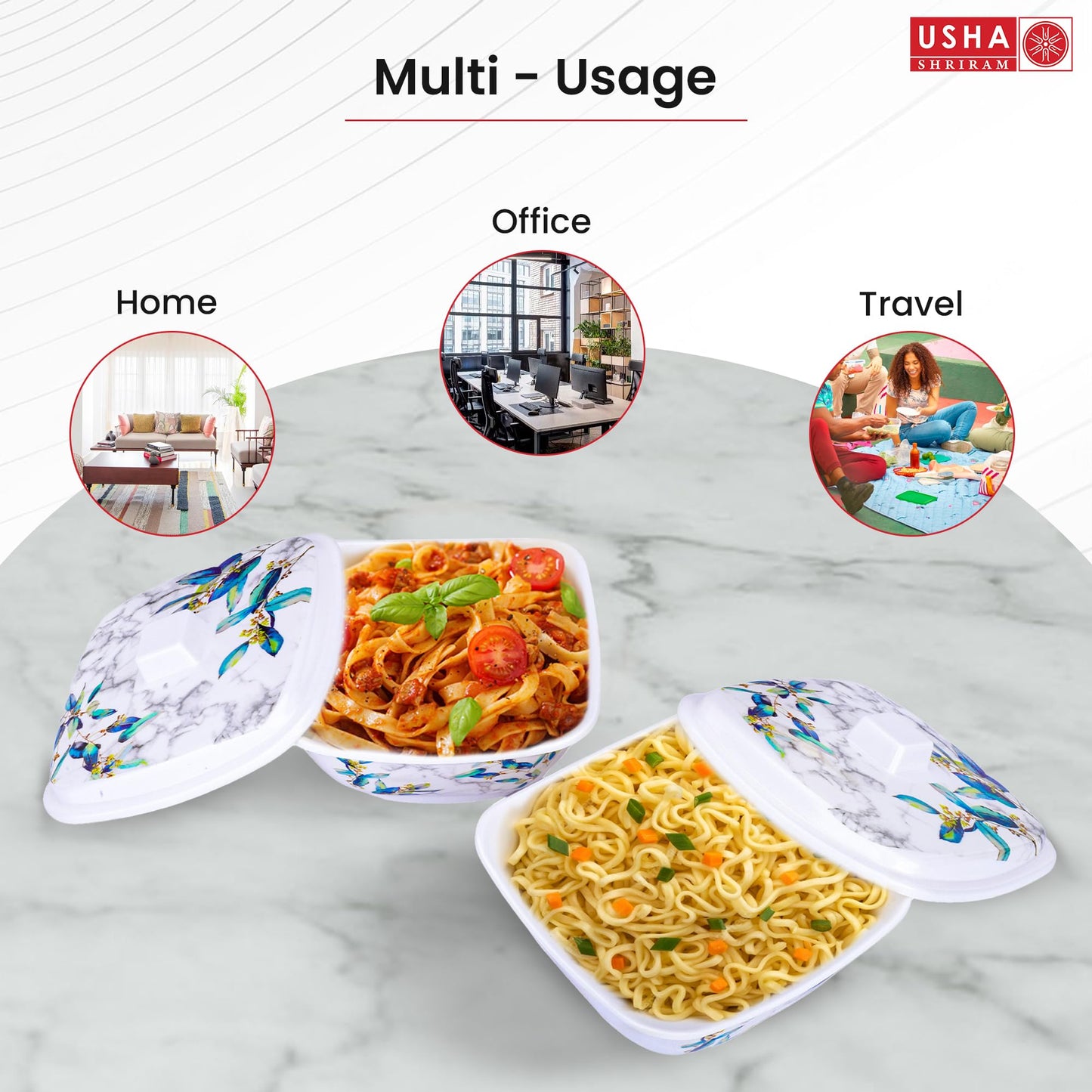 USHA SHRIRAM Melamine Big Serving Bowl with Lid (4 Pcs - 1.4L each) | Rice Bowl for Serving | Unbreakable | Heat Resistant | Mixing Bowl with Lid | Light Weight | BPA Free (Blue Marble)