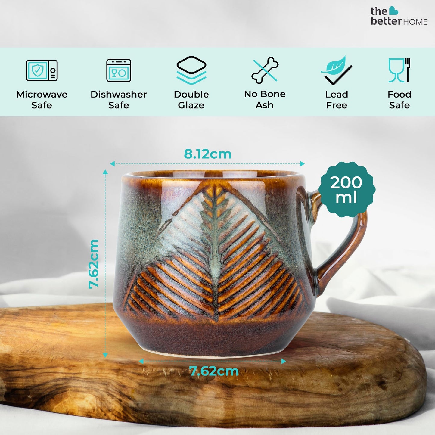 The Better Home Ceramic Tea Coffee Cup with Handles (200 ml x 6) | Microwave Safe | Scratch Resistant | Stain Proof | Glossy Finish | Gifting Set | (Pack of 6- Teal)