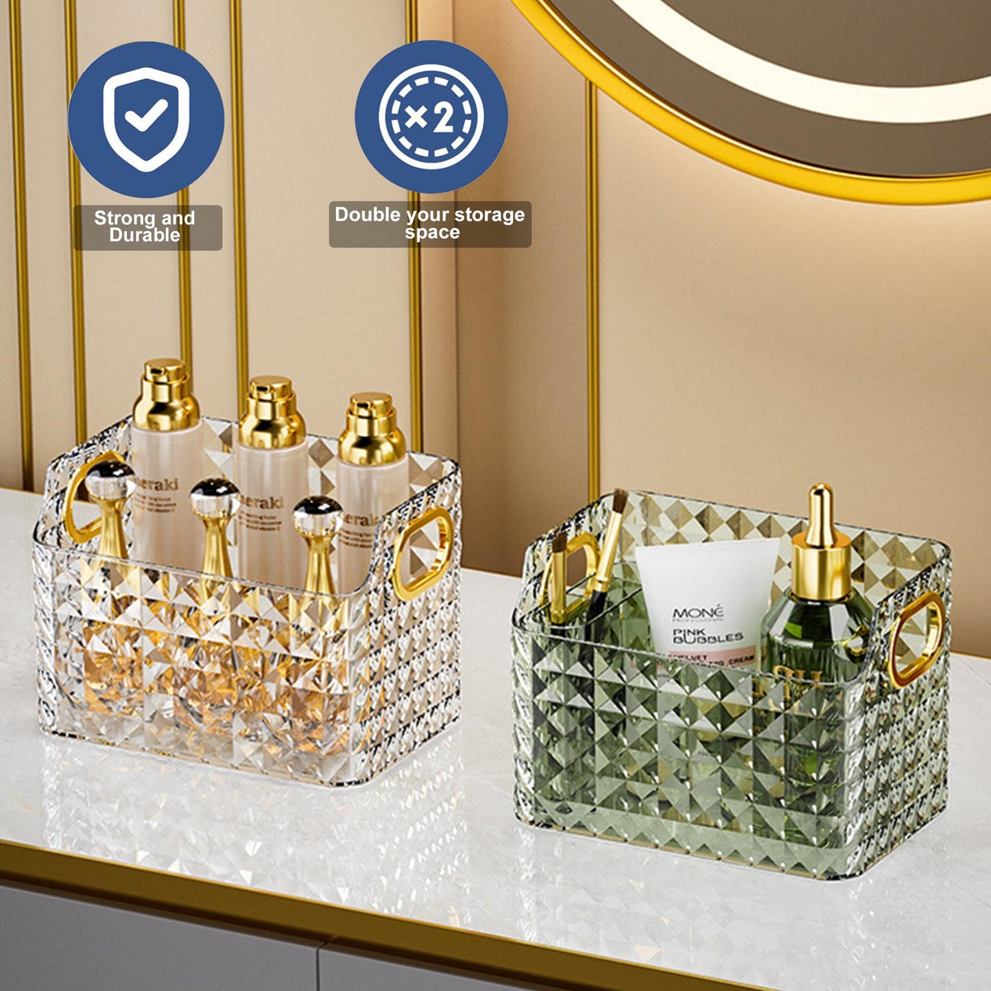 Makeup Desk Organizer - Diamond Cut Glass Finish | Large Capacity | Skin Care Products Holder | Transparent