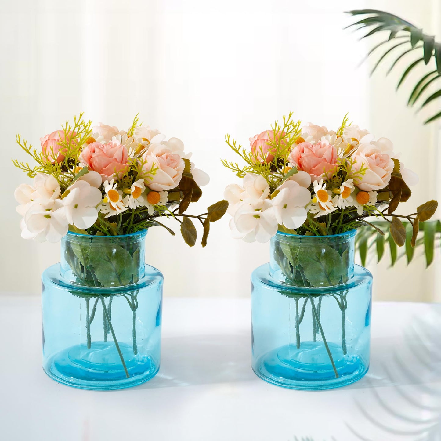 UMAI Glass Vase for Home Decor (2Pcs- 12cm) |Center Table Decorative Items| Flower Vases For Home Decor| Dining Table Decorative Items| Transparent Flower Vase For Living Room, Office, Bookshelf- Blue