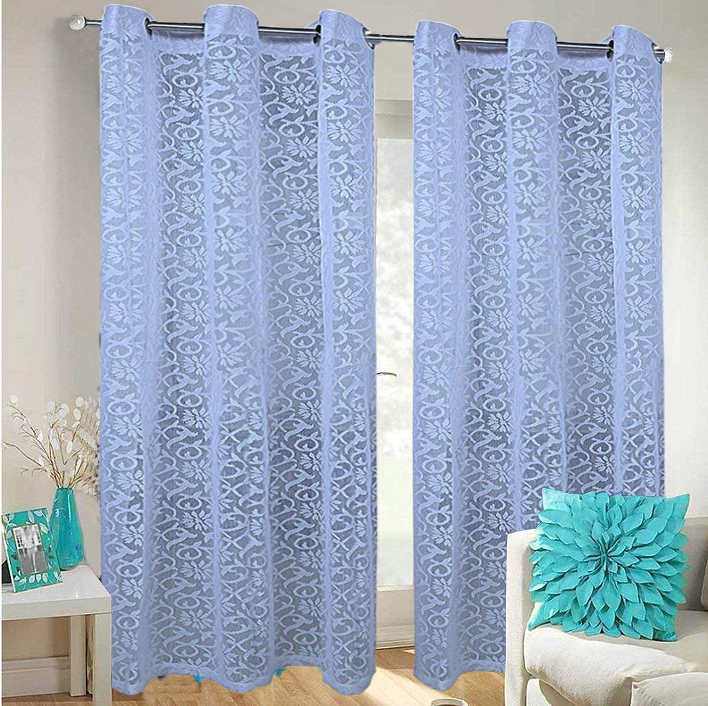 Pack of 4: Sheer Door Curtains - Floral Design, Light-Filtering | Grommet Style | Sky Blue | 7 Feet