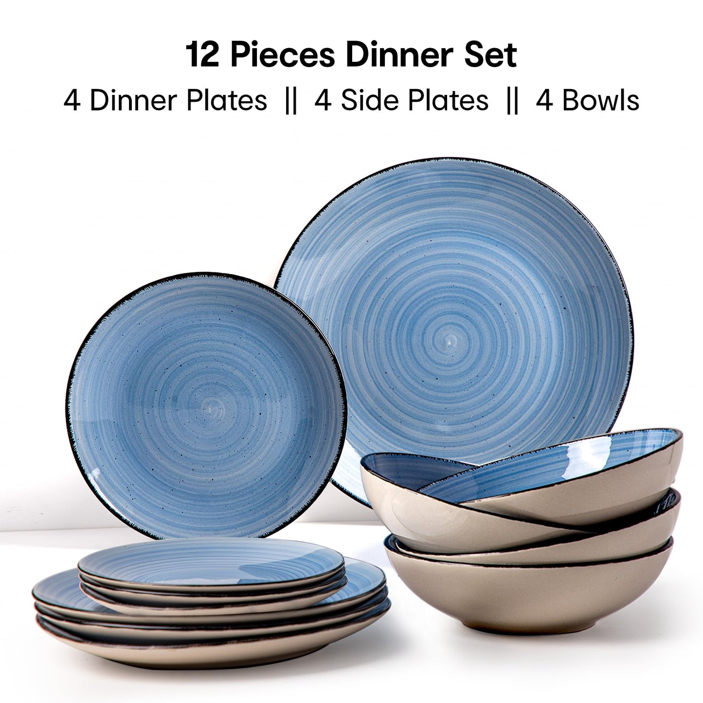 Combo: Stoneware Dinner Set with Microwave Safe Crockery | 4 Bowls, 4 Quarter Plates, 4 Dinner Plates | Blue