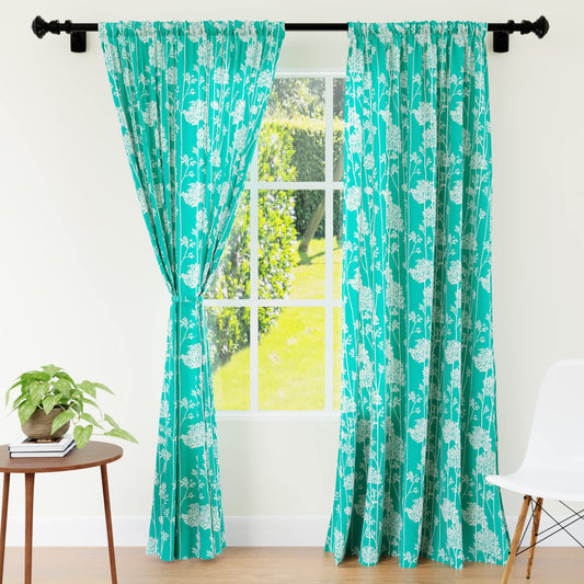 Pack of 2: Polyester Printed Long Door Curtains - Light-Filtering, Tie Back, Rod Pocket | 9 ft | Blotch Teal
