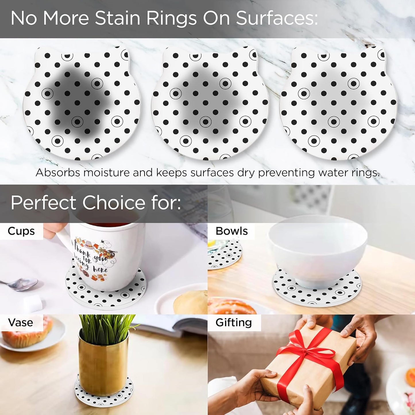 18 Pcs: Anti-Skid Tea Coaster Set - Water Absorbing, Round | Includes Holder | Black & White | Size: Standard