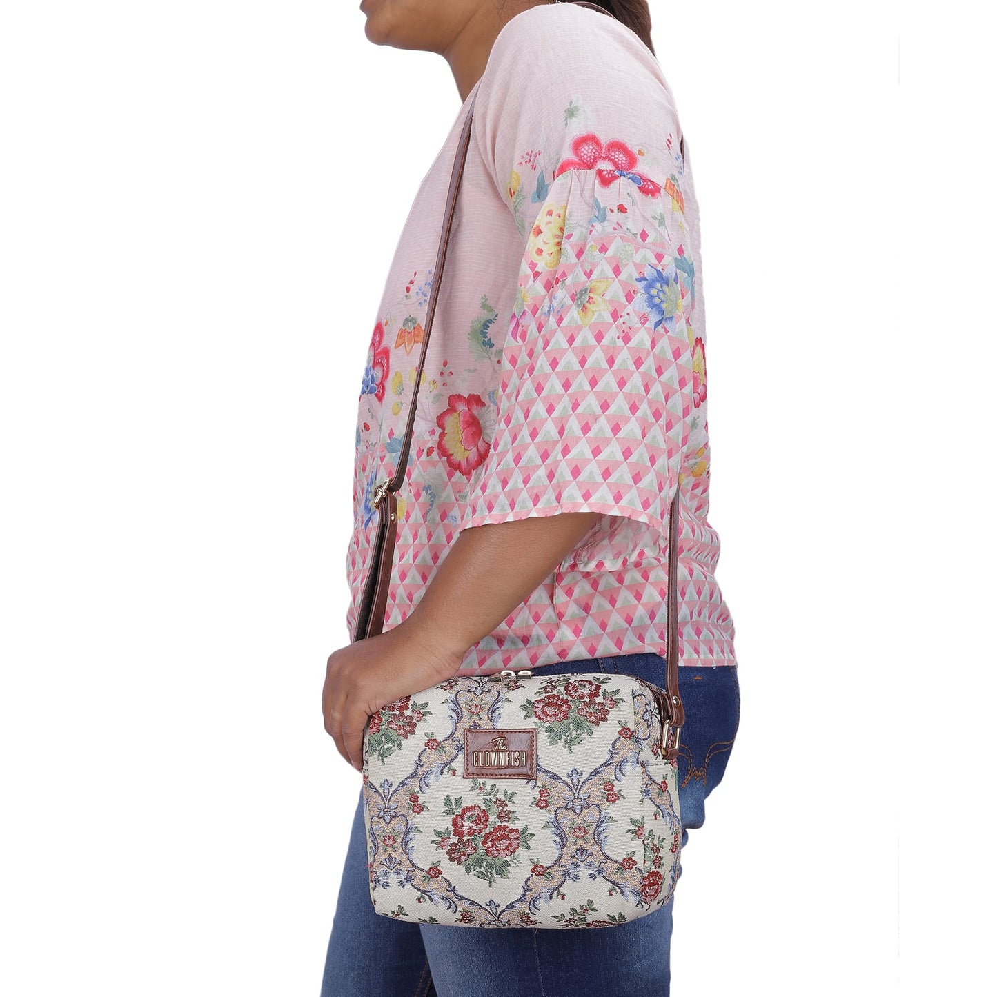 THE CLOWNFISH Adelina Sling Bag - Floral Pattern, Cell Phone Holder | Size M | Magenta Floral | Casual