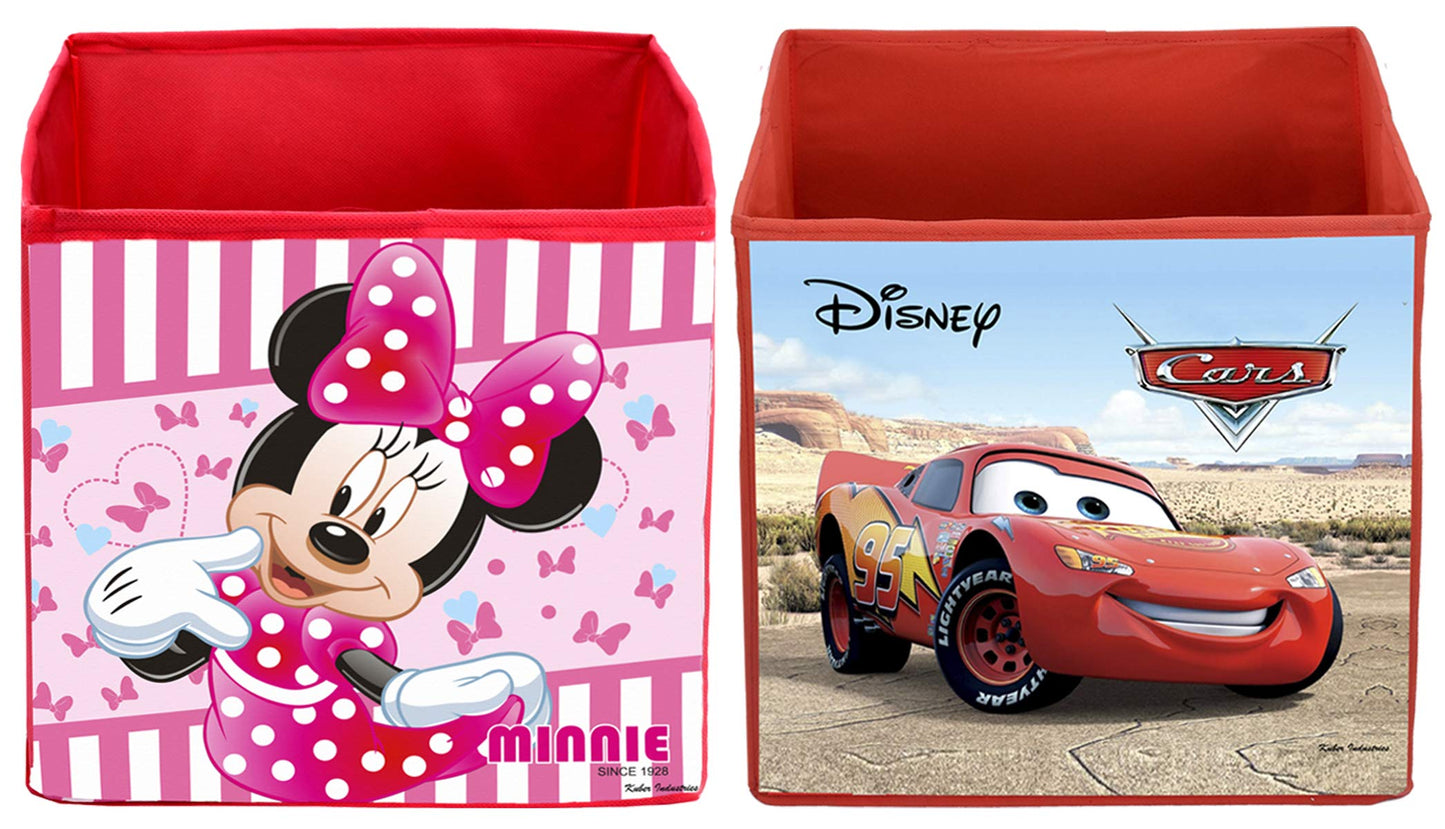 Pack of 2: Foldable Large Cloth Storage Boxes - Disney Print | Includes 2 Fabric Cubes with Handles | Brown & Pink