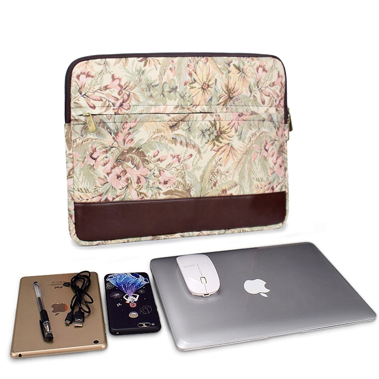 The Clownfish Python Faux Leather with Tapestry Fabric Unisex 15.6 inch Tablet Case Laptop Sleeve (Beige)