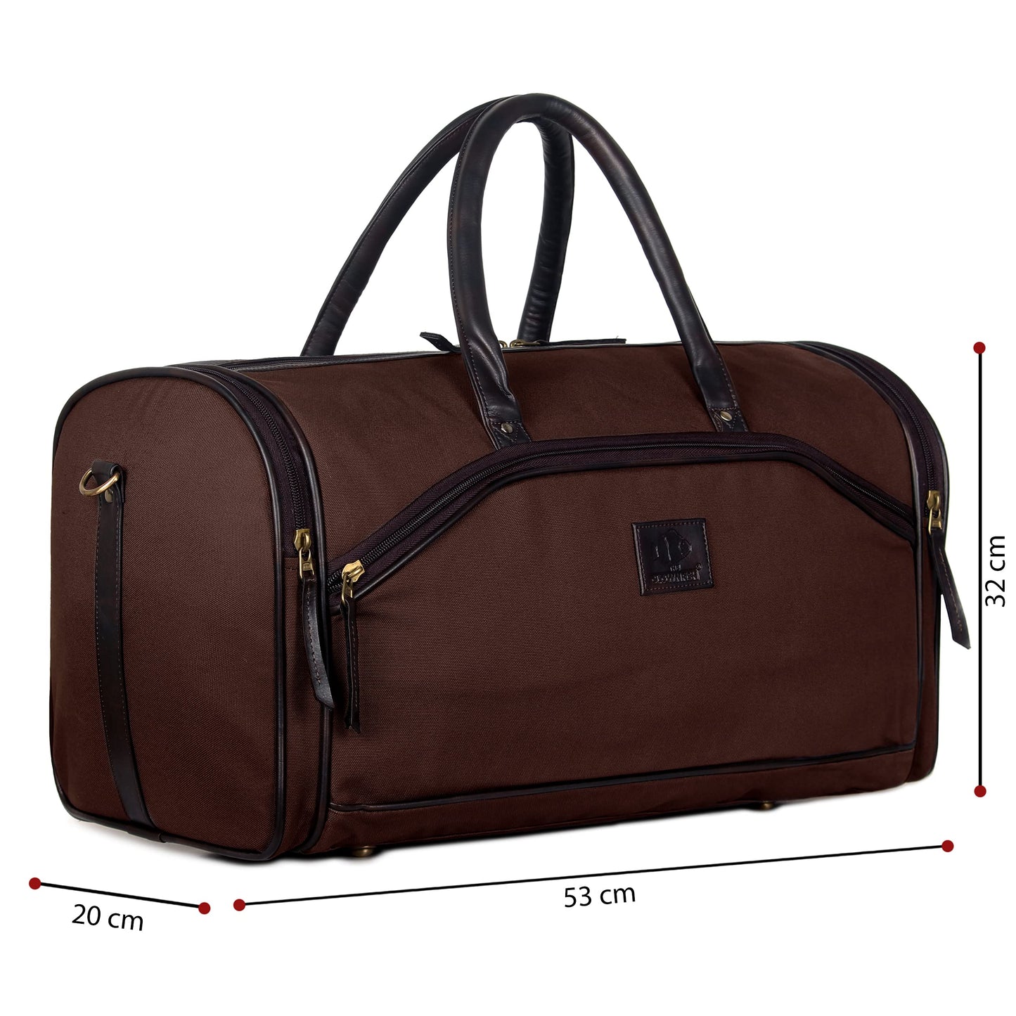 Travel Duffle Bag with Adjustable Shoulder Strap, Zip Closure | 34L | Dark Brown Canvas with Faux Leather