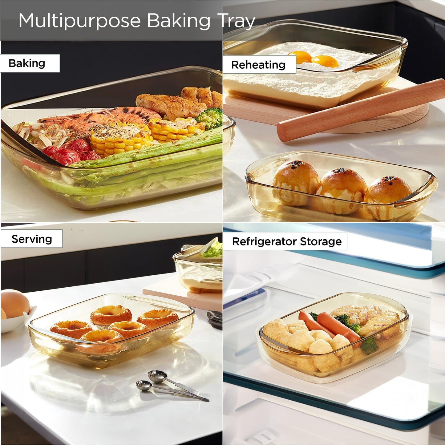 UMAI Borosilicate Glass Baking Tray | Transparent Microwave Oven Safe Utensils | Rectangular Bread Moulds for Baking | Dishwasher & Freezer Safe | Multipurpose use Serving Tray (Amber, 2.2L)