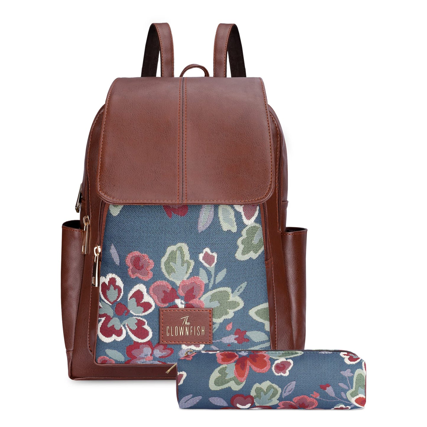 Combo: Faux Leather & Tapestry Women's Backpack with Bottle Holder | Expert Pencil Pouch | Persian Blue
