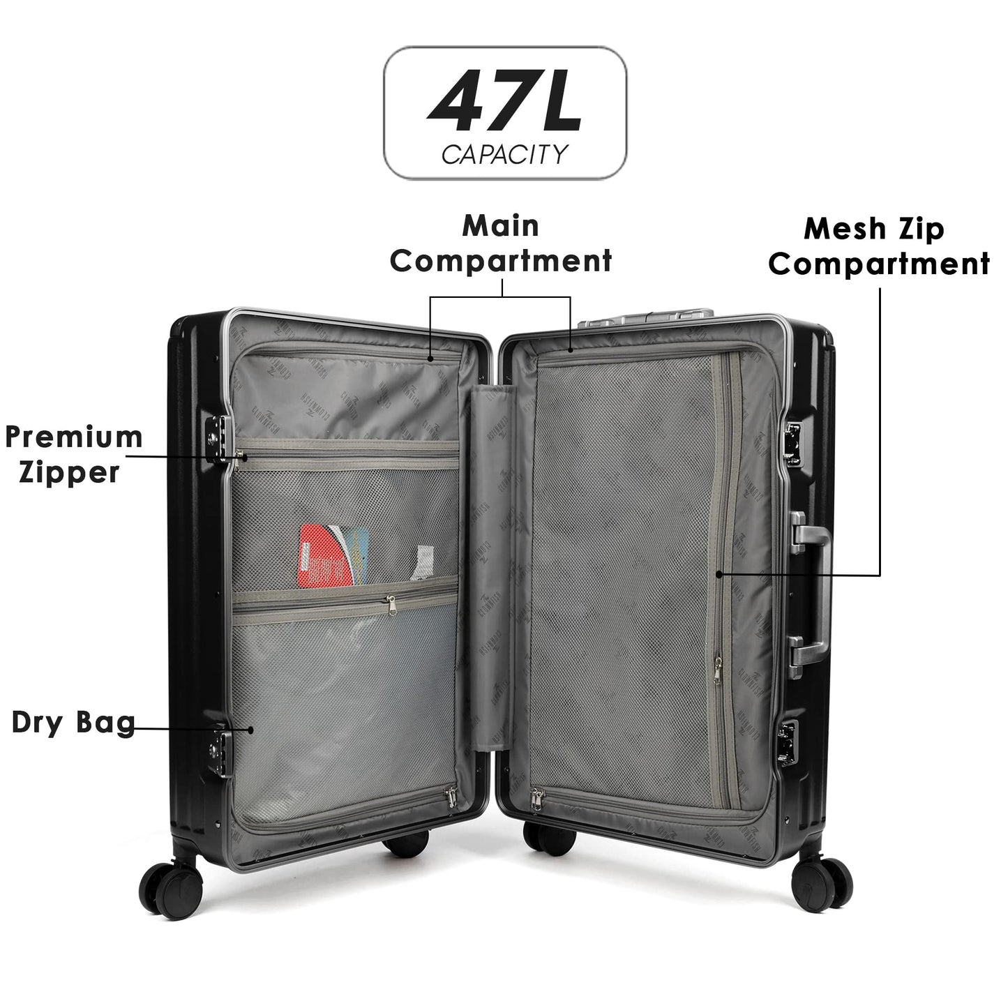 Small Polycarbonate Hard Case Suitcase - 8 Wheels, Double TSA Locks | 57 cm | Sooty Black