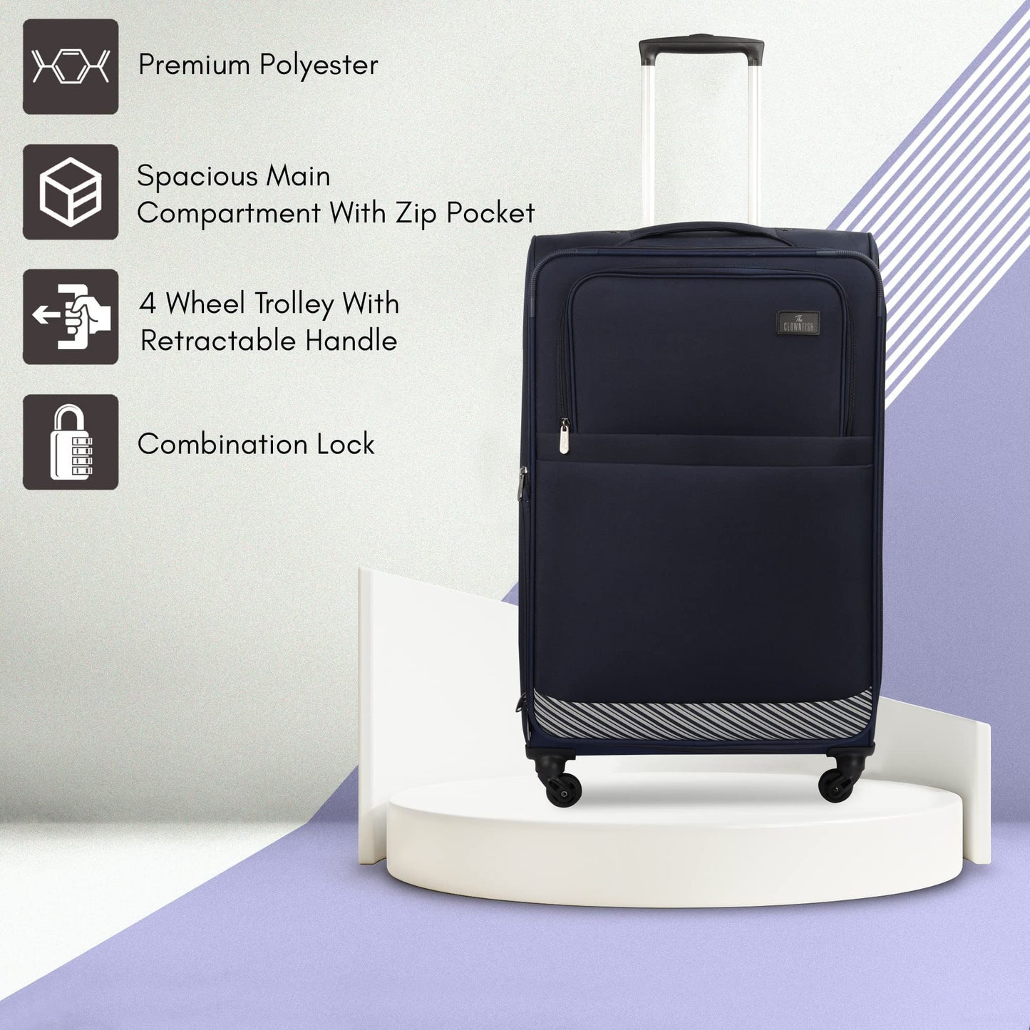 Small Size: Polyester Soft Case Trolley Suitcase with Four Wheels | Easy Maneuverability | 67 cm | Navy Blue