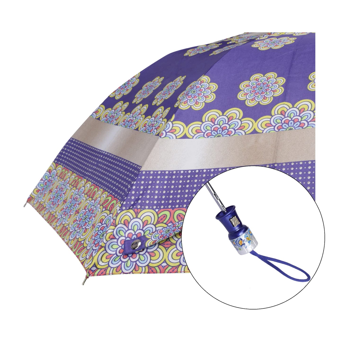 Folding Umbrella - Waterproof, Floral Design, Auto Open | Includes Strap | Octagonal Shape | Marina Violet