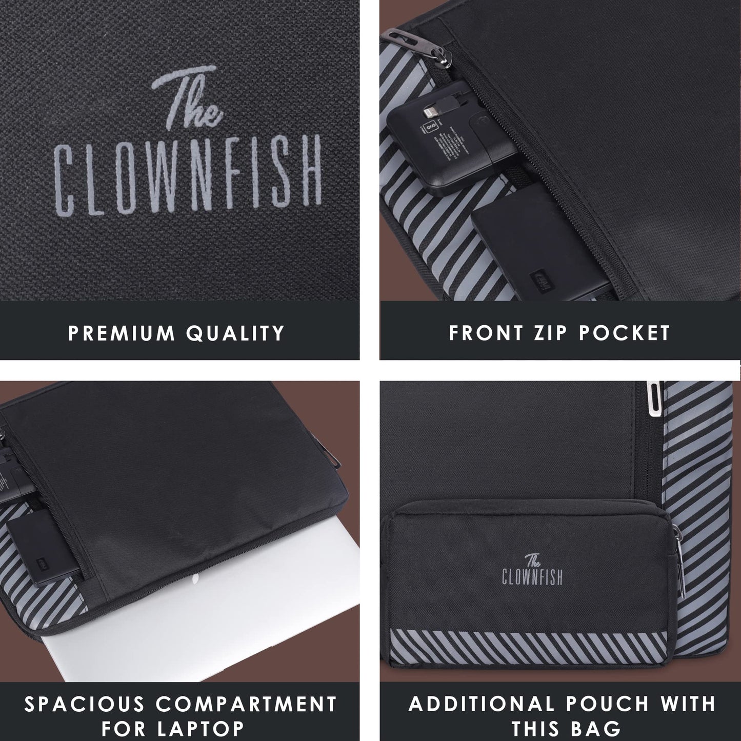 The Clownfish Combo of Algo Series Polyester 14 inch Laptop Sleeve & Scholar Series Multipurpose Polyester Travel Pouch Pencil Case Toiletry Bag (Black)