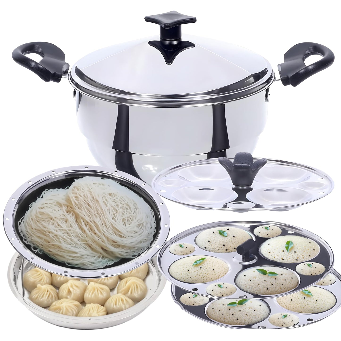 USHA SHRIRAM Stainless Steel Idli Cooker Kadai (5 Plate) | 3 Idli Plates (12 Big, 12 Button Idlis), 2 Momo/Idiyappam Plates | Idly Maker Momo Steamer | Multi Kadai for Idli, Dhokla,Mini Idlies, Modaks