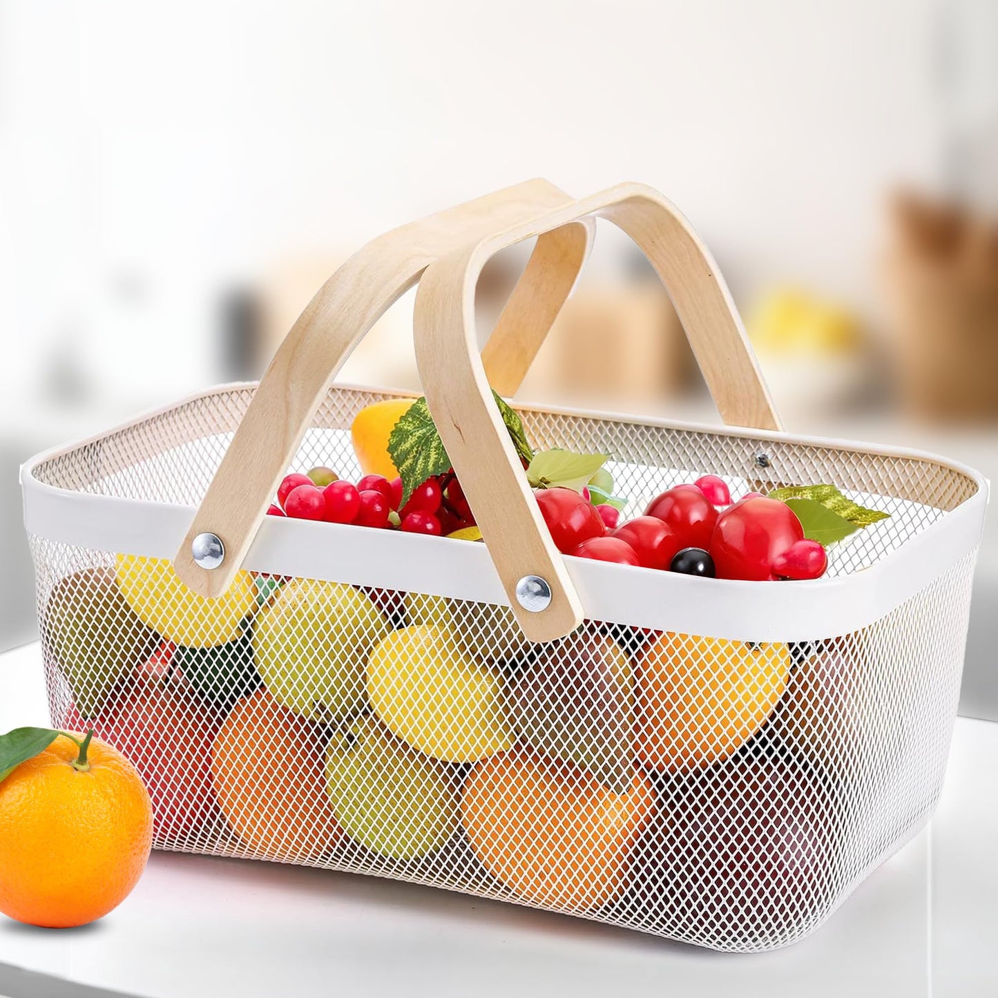 UMAI Metal Mesh Baskets for Storage with wooden handle | 720 Gm | Fruit basket & Vegetable basket for Kitchen | Kitchen Organizer | Baskets for Organizing Home | Pack of 2 | Multipurpose | White