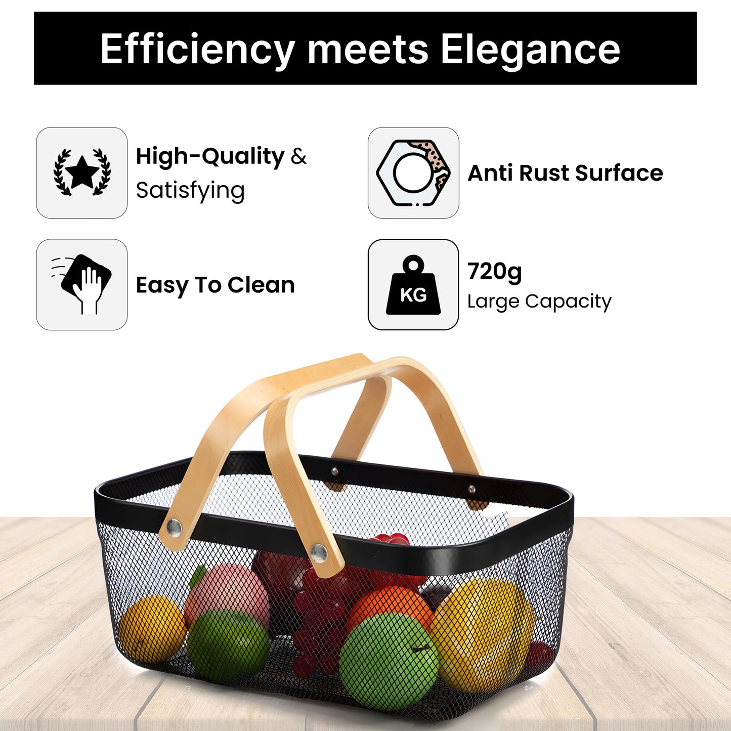 Rectangular Metal Mesh Basket with Wooden Handle | 720 gm | Fruit & Vegetable Storage | Black