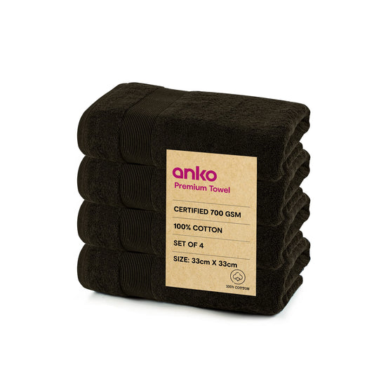 Pack of 4: 100% Cotton Face Towels - Super-Soft, Ultra Absorbent, Quick-Drying | 33x33 cm | Ebony Grey