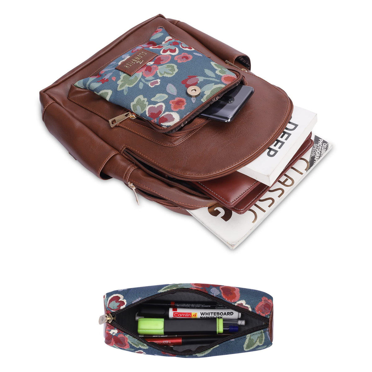 Combo: Faux Leather & Tapestry Women's Backpack with Bottle Holder | Expert Pencil Pouch | Persian Blue