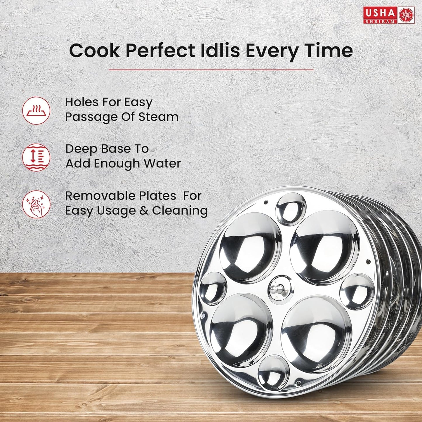 USHA SHRIRAM Stainless Steel Idli Plates Set: Round Plates (6-48 Idlis) & Triangle Idli Plates (6-30 Idlis) -Removable Plates | Bakelite Handle with Cool Grip | (Pack of 2)