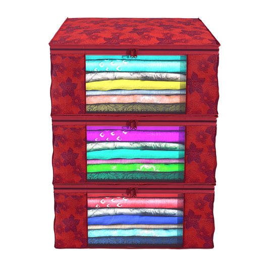 Kuber Industries Metalic Printed 3 Piece Non Woven Fabric Saree Cover Set with Transparent Window, Extra Large, Red-CTKTC31892