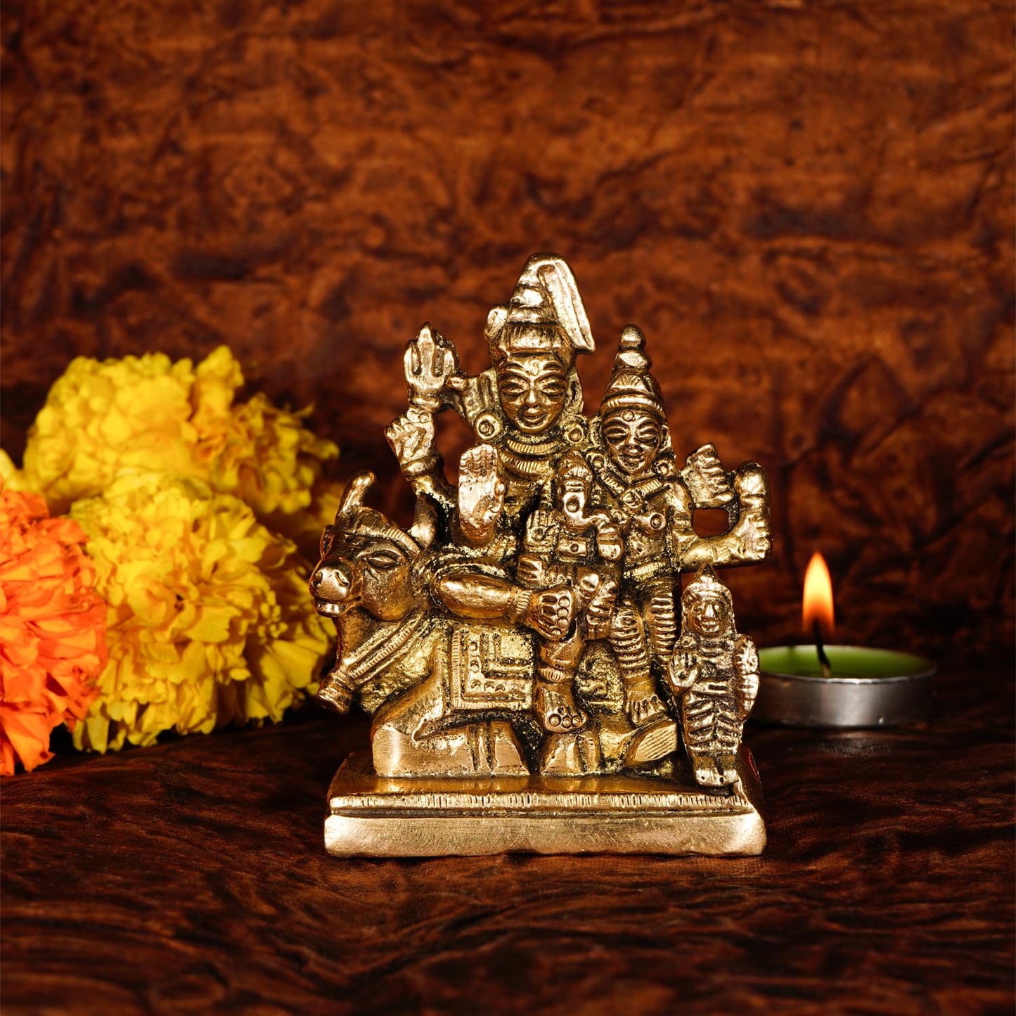 Brass Shiv Parivar Murti - Pure Brass, Polished Finish | Perfect for Car Dashboard & Home Decor | 8.5 cm | Gold