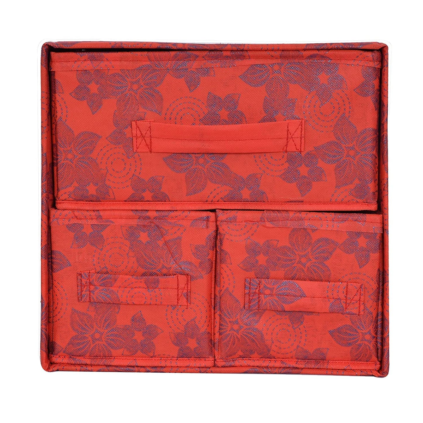 3 Drawers Foldable Makeup Organizer Box - Metallic Flower Print | Includes 1 Organizer | Color: Red