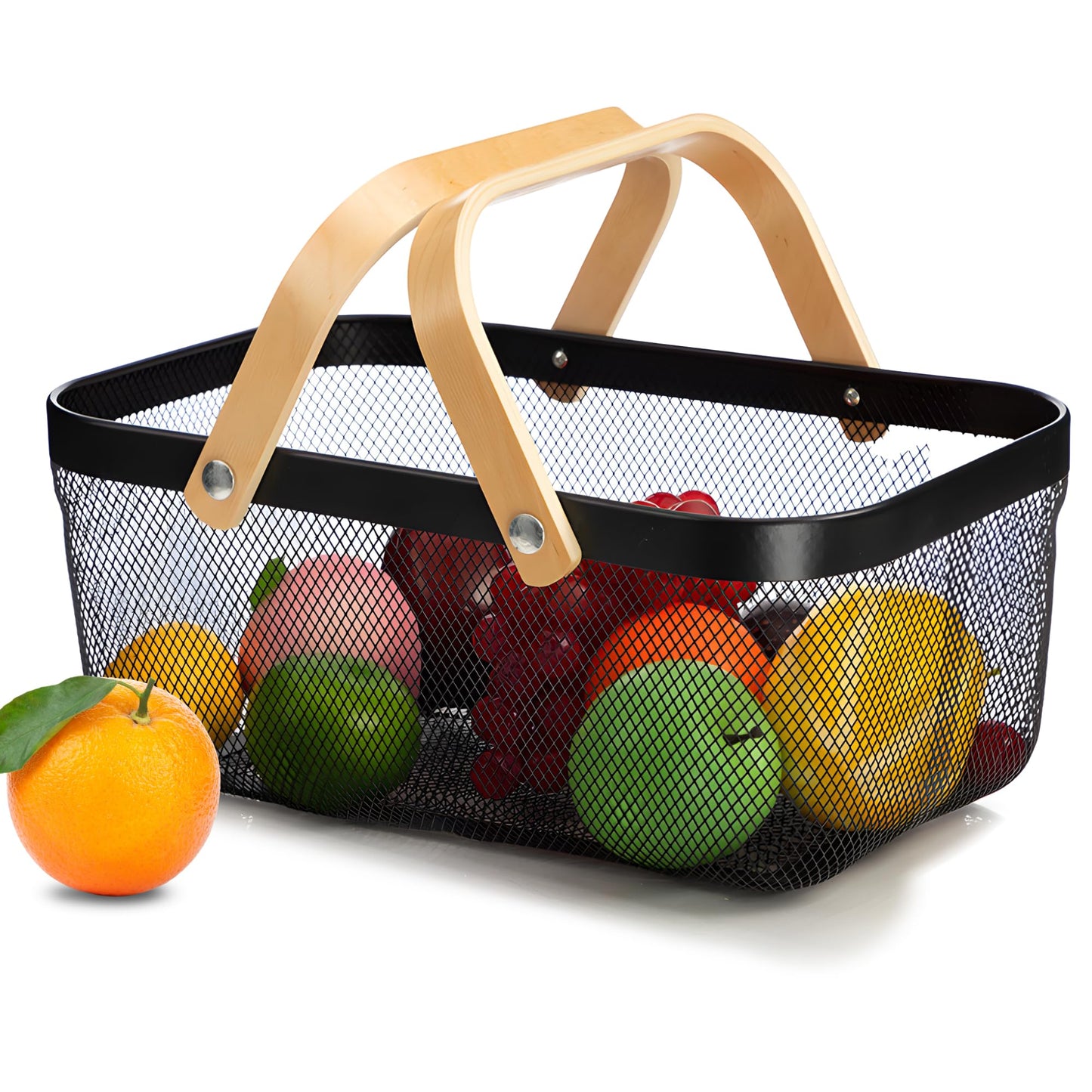 Rectangular Metal Mesh Basket with Wooden Handle | 720 gm | Fruit & Vegetable Storage | Black