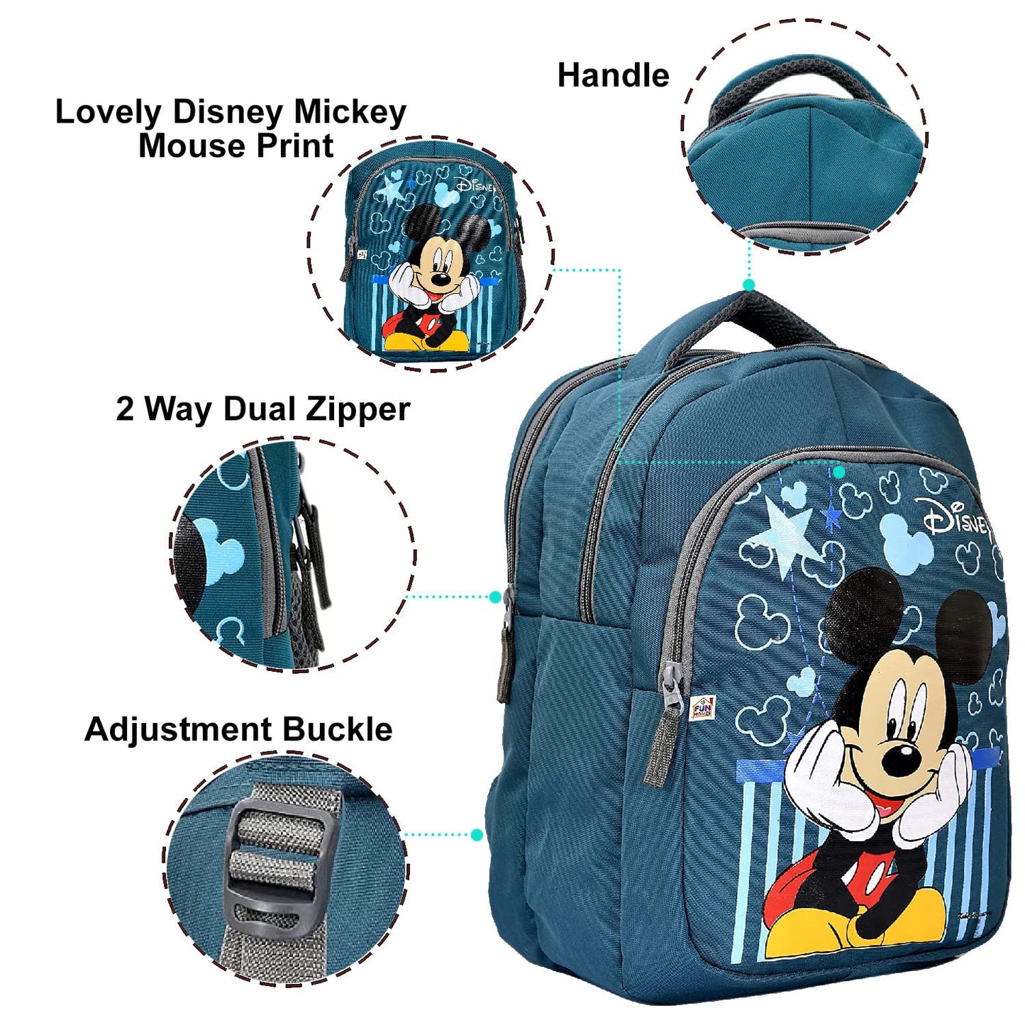 Kuber Industries Rexien Waterproof Lightweight Disney Mickey Mouse Print Backpack|Sturdy School Bag for Kids (Green) (Medium Size)