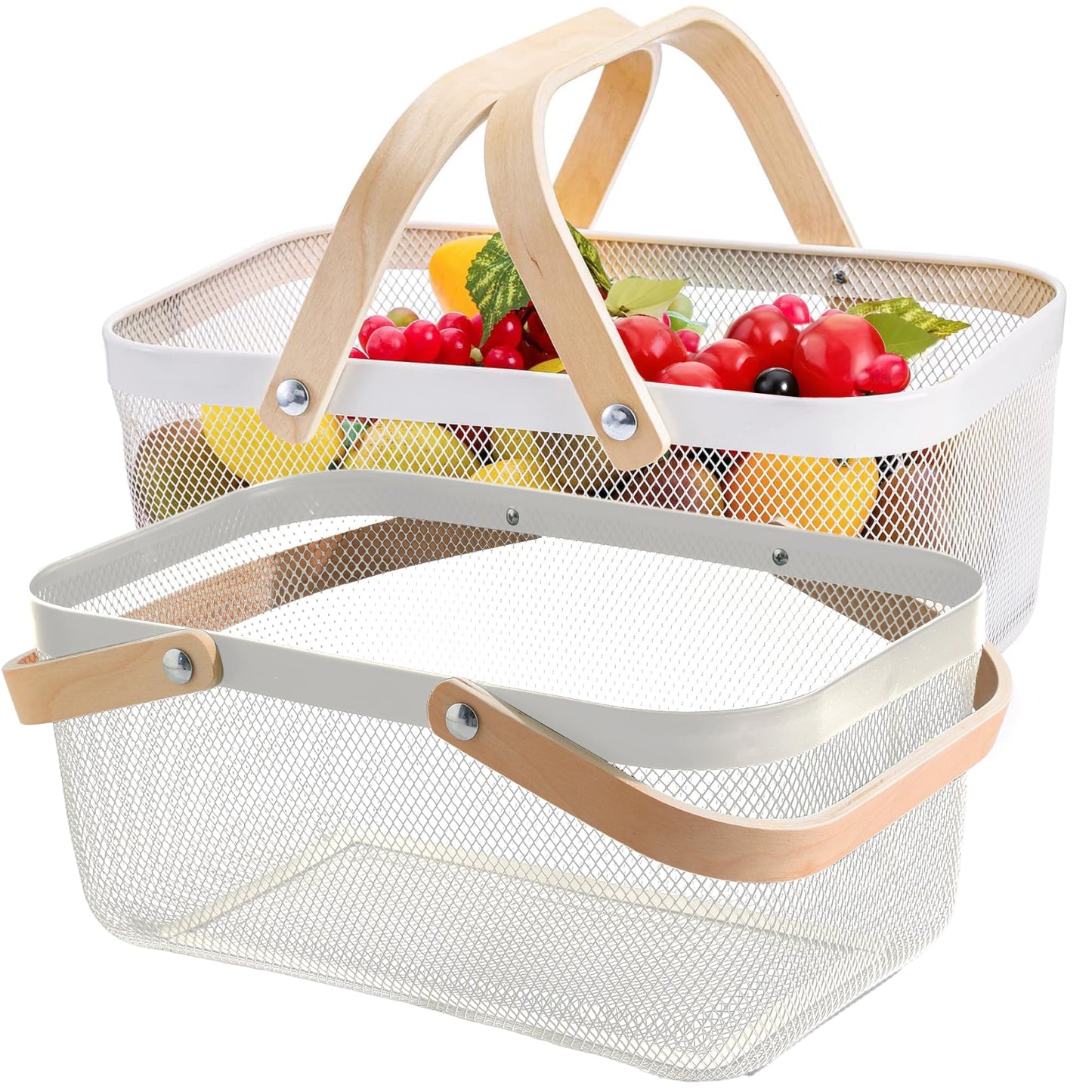 UMAI Metal Mesh Baskets for Storage with wooden handle | 720 Gm | Fruit basket & Vegetable basket for Kitchen | Kitchen Organizer | Baskets for Organizing Home | Pack of 2 | Multipurpose | White