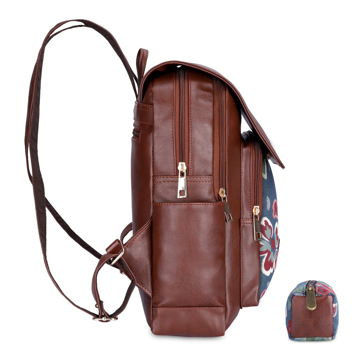 Combo: Faux Leather & Tapestry Women's Backpack with Bottle Holder | Expert Pencil Pouch | Persian Blue