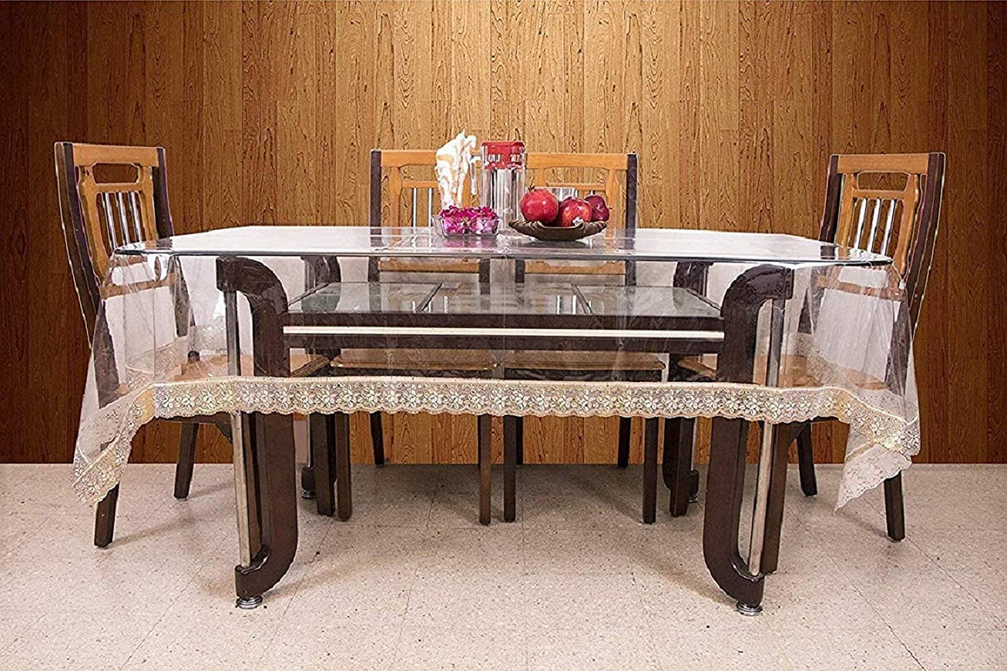 Transparent Dining Table Cover - Glossy, Pleated | Washable | 6 Seater | Gold | All Season, Rectangular