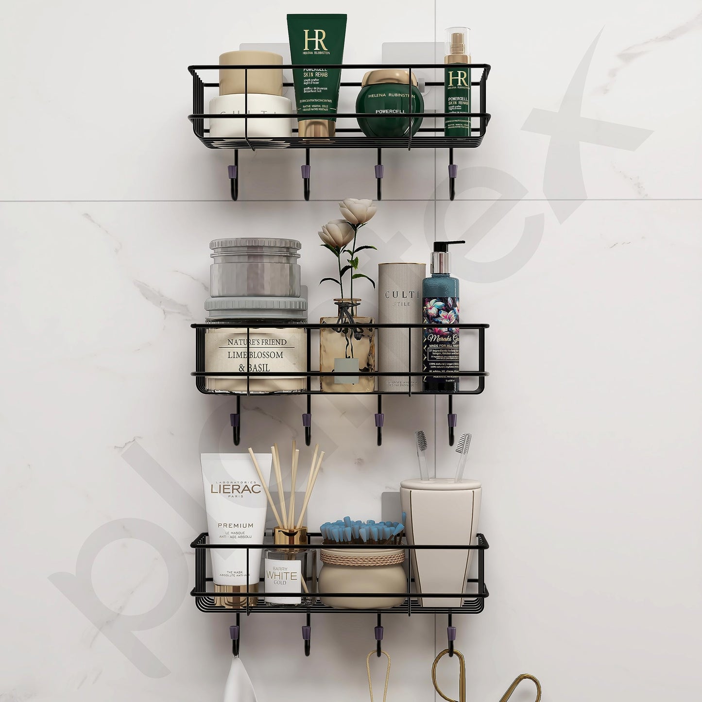 Bathroom Shelf with Hooks & Towel Holder | Includes 3 Shelves & 6 Adhesive Stickers | Black | Wall Mounted