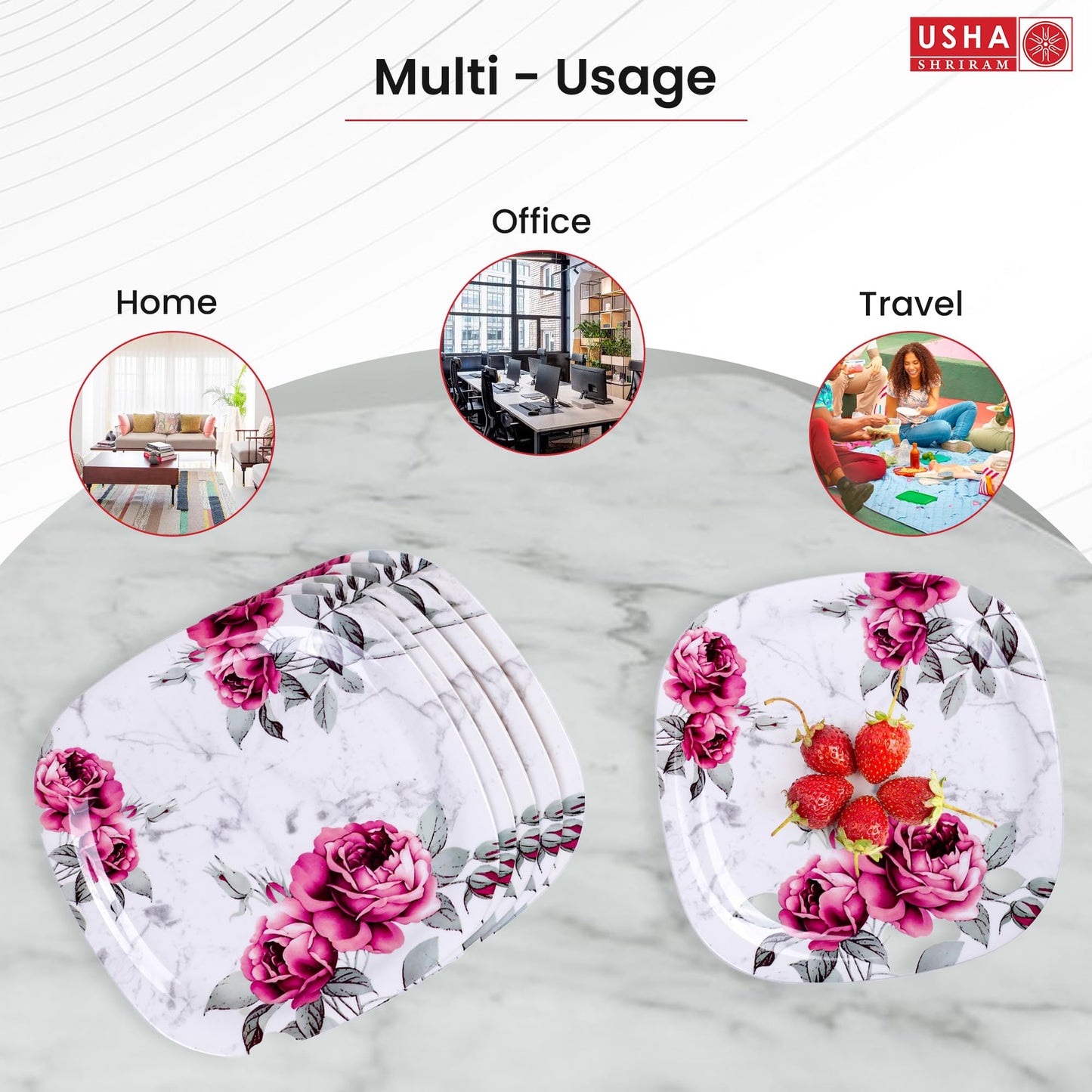 Melamine 6 Plate Set - Unbreakable, Heat Resistant | Square Shape | Serves 6 | Pink Marble Design