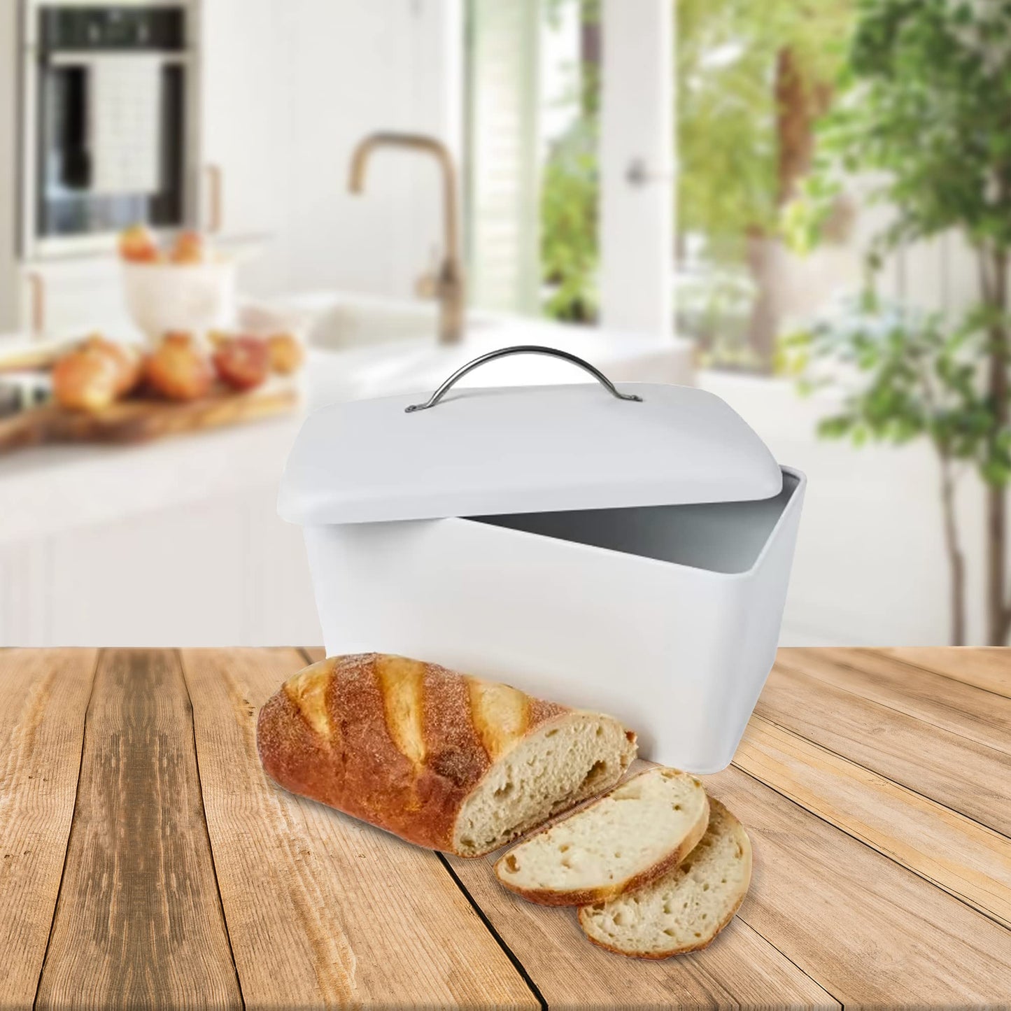 Anko Stainless Steel & Powder Coated Iron Bread Bin/Food Storage with Handle for Kitchen Shelf| Rust-Resistant, Dent- Resistant | Bread Storage Box for Kitchen | White | 21.5 Cm (H)