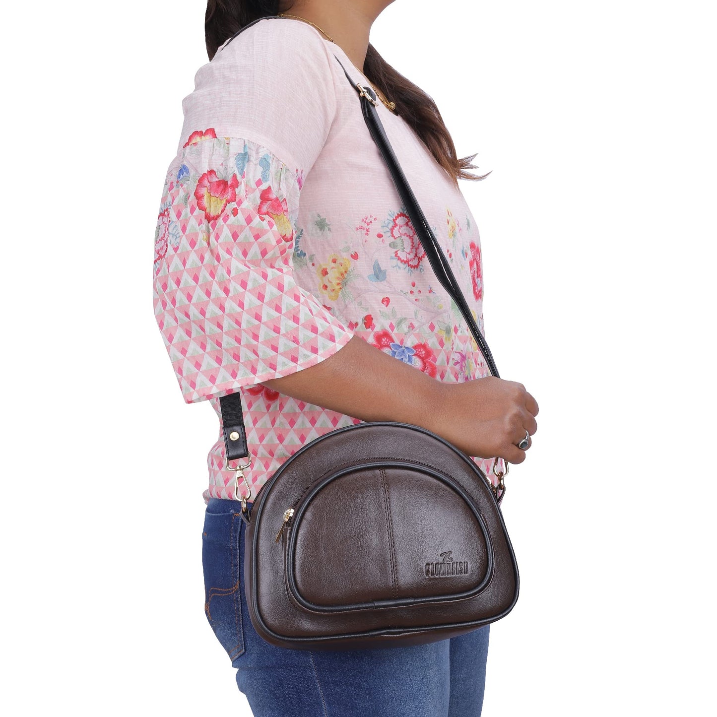 Faux Leather Waist Bag - Adjustable Sling with 2 Pockets | Water Resistant | One Size | Chocolate Brown